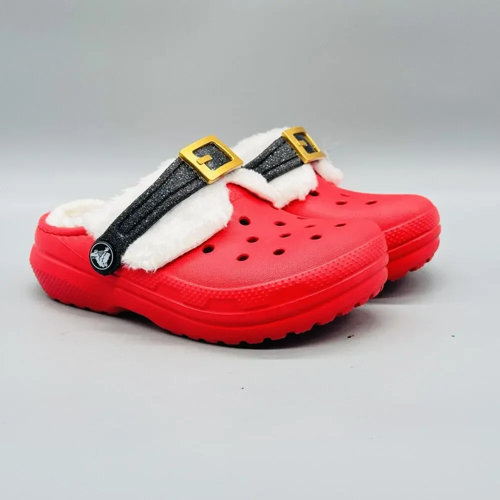 Crocs Shoes Girls 11 Red Glitter Fur Lined Clog Slip On Slippers Holiday Santa